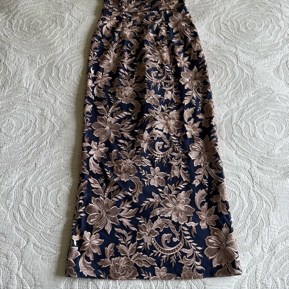 JS Collections - Embroidered Halter Gown - Latte/ Navy - Picture 4 of 15